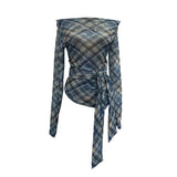 Lattice Mesh Long-Sleeved T-Shirt Irregularly Drifted Y2k Oblique Shoulder Short Top