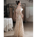 High-End Evening Dress Dress Women 2025 New Banquet Performance High-End Champagne Light Luxury Niche Host