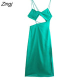 New Women Sexy Asymmetrical Soft Satin Sling Dress Female Chic High Street Side Zipper Hollow Out Party Vestidos