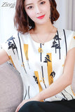 summer Women chiffon shirt and tops fashion casual O-neck printing pattern Leisure Lady shirts Loose office lady 3741