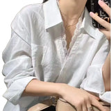 Spring And Summer New Shirt Women's Long-Sleeved Lace Splicing Design Sense Of Simple Commuting Thin