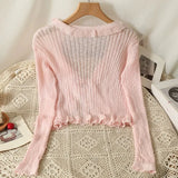 Ruffles Cardigan Slim Women Casual Transparent Sweater Shirts Lady Thin Solid Coats Female Crop