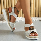 Large-Size Metal Buckle Slope Heel Sandals Women Linen Tight With Thick Bottom Beach Cool