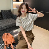 Zingj Striped Short-Sleeved T-Shirt Women's Design Sense Round Collar Bottom Shirt 2024 Summer Loose Casual Student Coat