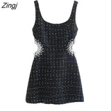 Women Sexy Waist Hollow Out Pearl Appliques Tweed Woolen Slim Mini Dress Female Chic Back Zipper Sling Vestidos