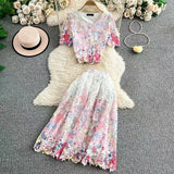 High-End Lace-Print Temperament Single-Drace Buckle Round-Neck Short-Sleeved Top Two Sets Of High-Rise Slimming