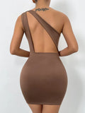 Sexy Women One Shoulder Dress Solid Color Hollow Out Ruched Slit Bodycon Mini Short Dress Night Club Wear