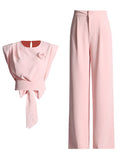 Commuter Style Formal Sense Suit 2025 Autumn New Round Collar Bow Splicing Jacket Waist Trousers