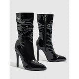 Of Pointed Thin Heel Pile Boots Patent Leather Bare Shoes Short Barrel High Heeled Knight Boots 35-42