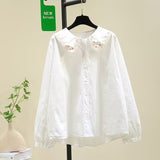Embroidered Doll Collar White Shirt Women 2025 New Loose Thin Lantern Sleeve Shirt