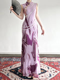 Purple Rhyme Abstract Print Dress New Chinese Style Improved Cheongsam Dress Sleeveless Body New Long Dress