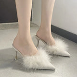 Large-Size Hairy High Heel Shoes Female Tip Fine Heel Bun Head Half Drag Sexy Fashion Wear Cold