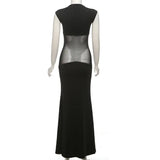 Black Mesh Spliced Design Short Sleeve Maxi Dress- Outfit