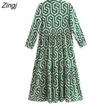 New Women Vintage Geometric Print Pleats Casual Slim Midi Shirt Dress Female Chic Pleats Ruffles A Line Vestido