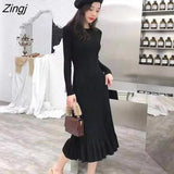 Sleeve Dress Women Slender O-neck Autumn Winter Elegant Chic Solid Midi 5-color All-match Knitted Fashion Ulzzang
