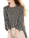 Gas Age Reduction Round Collar Plaid Women 2025 Summer New Fashion Shirt Tiling Single Buckle