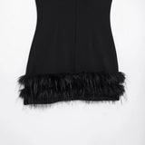 Women's Clothing Explosion Simple Fashion Small Black Dress Hem Feathers Elastic Short