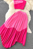 Women Sexy Pleated Two Piece Set Vacation Beach Hit Color Strapless Tops Camis + High Waist Irregular Draped Skirt