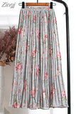 Women 2023 High Waist Floral Print Mid Calf Long Pleated Skirt Girls Summer Vintage Elegant Chiffon Midi