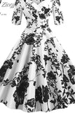 Sleeve Black Autumn Winter Women Dress Floral Print Vintage Party Dresses Robe Casual Rockabilly A-Line Pin Up