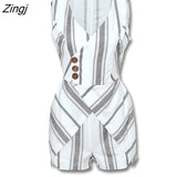 Summer Women Elegant Casual Skinny Playsuit Female Workwear V-Neck Short Jumpsuit Sleeveless Striped Buttoned Design