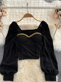 Women Black/White Blouse Sexy Square Collar Lantern Long Sleeve Short Tops Female Elegant Party Shirt Blusas 2023