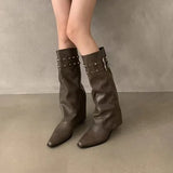 Trouser Boots Women Design Double Buckle With Sharp Head Thick Heel Retro High-Heeled Boots Hot Girl High Boots Tide Women's
