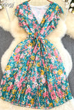 Vintage Floral Printed Pleated Dress Women Elegant V-Neck Sleeveless High Waist Draped Vacation Beach Vestidos Female