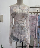 Purely Want A Word Shoulder Ink Print Tie-Dye Mesh Long-Sleeved Shirt Irregular Lotus Leaf Side Top