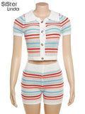 Striped Knitted Tracksuit 2Piece Set Women Shorts Sleeve Botton Cardigan Tops+Shorts Lady Matching Streetwear