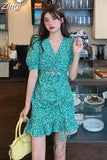 Women Short Puff Sleeves A-line Shirring Mini Design Sexy Holiday V-neck Cozy Vintage Fashion Casual Tunic Brisk