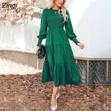 PETAL Green Smocked Long Sleeve Maxi Dress For Women Round Neck Long Sleeve Party Dress 2023 Autumn Winter Female