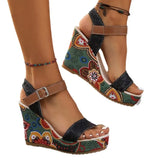 New Leisure Slope And Embroidery High Heel Sandals Women Buckle With Toe Thick-Soled Women's