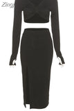 Elegant Solid Black Women's Two Pieces Sets Long Sleeves Crop Top+ High Waist Side Slit Skirts Matching Streetwear