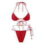 2025 Solid-Color Elastic Rope Butterfly Ornament Bikini Sexy Split Triangle Strap With Swimsuit
