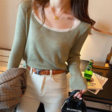 Zingj Versatile Top Retro Square-Neck Long-Sleeve Undershirt With White Loose Sweater Six Wool