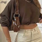 Women’s Casual Long-sleeved Crop Tops Fashion Solid Color Loose Exposed Navel Sweatshirt for Spring
