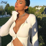 Zip Up T-shirt Ribbed Knitted Long Sleeve Strech Irregular Casual Sexy Women Spring Autumn Crop
