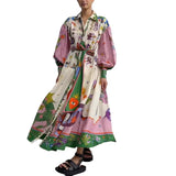 Women's Dress 2025 Casual Personality Print V Tie With Long Sleeve Dress