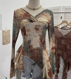 Shooting Ribbon Mesh Yarn Leaf Side Retro Print V Collar Horn Sleeve Top Spring And Summer Short Repair T-Shirt