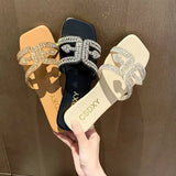 Flat-Bottomed Slippers Women 2025 Summer New Diamond Pearl Decoration Large-Size Women Cold