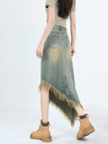 Zingj High Waist A-Line Denim Skirt Skirt Female Spring And Autumn Irregular Design Sense Long Skirt Small Tassel