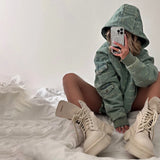 Retro Green Wear Denim Hooded Cotton Clothes Women Multi-Pocket Workwear Style Loose Version Of Autumn And Winter