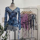 Dizziness Printing Mesh T-Shirt T-Shirt Irregular Lotus Leaf Side Ribbon Short Coat