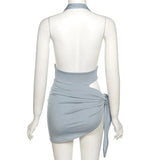 Summer Sexy Beach Vacation Two Piece Set Women Solid Skinny V Neck Low Chest Bikini Bodysuit Skirt Matching