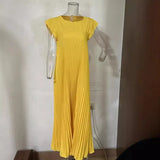 Zingj New Fall 2023 Solid Color Round Collar Sleeveless Pleated Design Loose Dress-Outfit