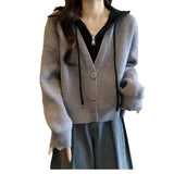 Fake Two Short Hooded Sweater Coat Women Autumn Fat Mm Thin Belly Knitted Shirt