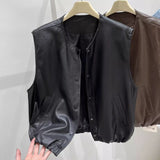 Collar Solid Color Sleeveless Leather Vest Coat Women's Autumn 2025 New Korean Fashion Stacked On The Kan