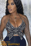 Glitter Sequin Backless Butterfly Cropped Tank Top Rave Festival Party Club Outfits Women Y2k Clothes Cute Sexy Crop