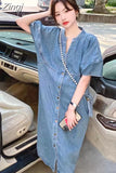 Korea Fashion Summer Puff Sleeve Women Denim Cardigan Dress Ladies Womens Loose Dresses Casual Cardigans Cotton Long